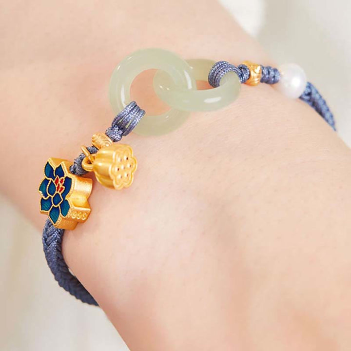 Buddha Stones Hetian Jade Lotus Peace Buckle Bransoletka z plecionej liny Fortune