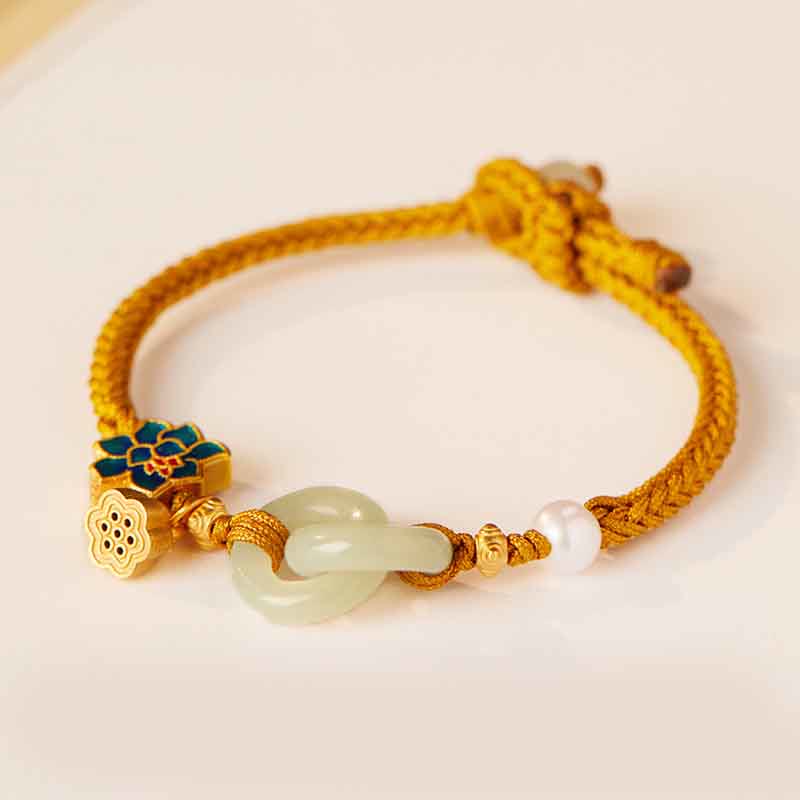 Buddha Stones Hetian Jade Lotus Peace Buckle Bransoletka z plecionej liny Fortune