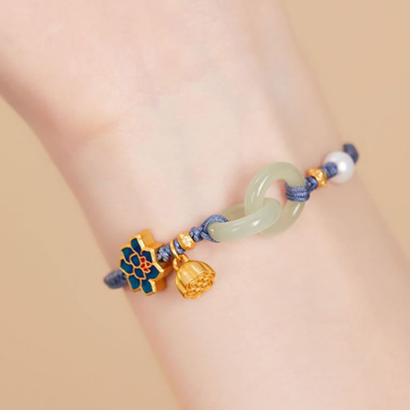 Buddha Stones Hetian Jade Lotus Peace Buckle Bransoletka z plecionej liny Fortune