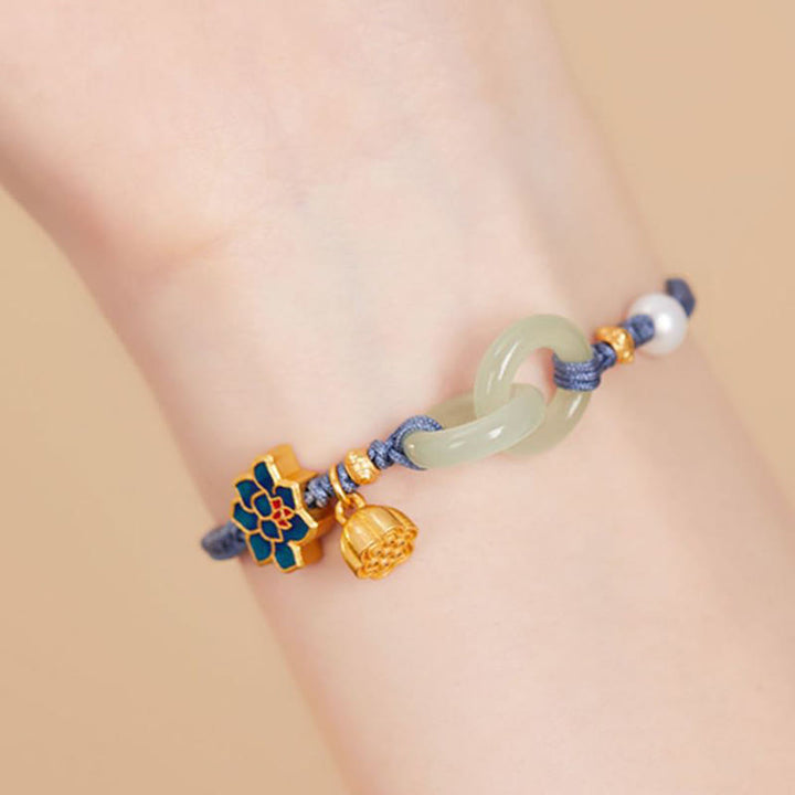 Buddha Stones Hetian Jade Lotus Peace Buckle Bransoletka z plecionej liny Fortune