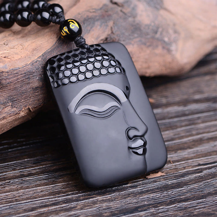 Buddha Stones Naturalny Czarny Obsydian Budda Modlitwa Oczyszczająca Szczęście Wisiorek Naszyjnik - Czarny obsydian - image 1