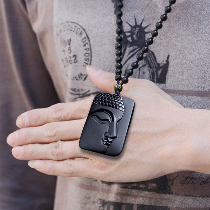 Buddha Stones Naturalny Czarny Obsydian Budda Modlitwa Oczyszczająca Szczęście Wisiorek Naszyjnik - image 10