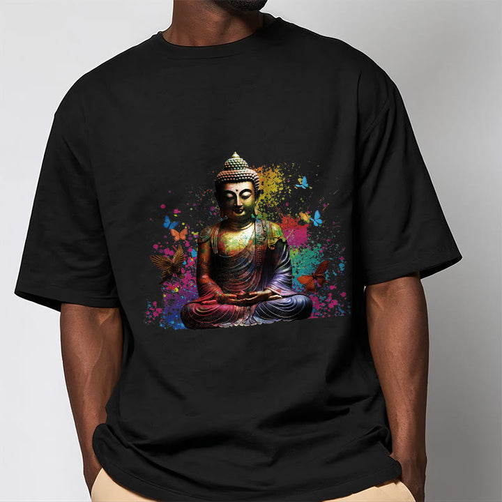 Buddha Stones Kolorowy Motyl Latający Medytacja Budda Koszulka T-shirt - image 1