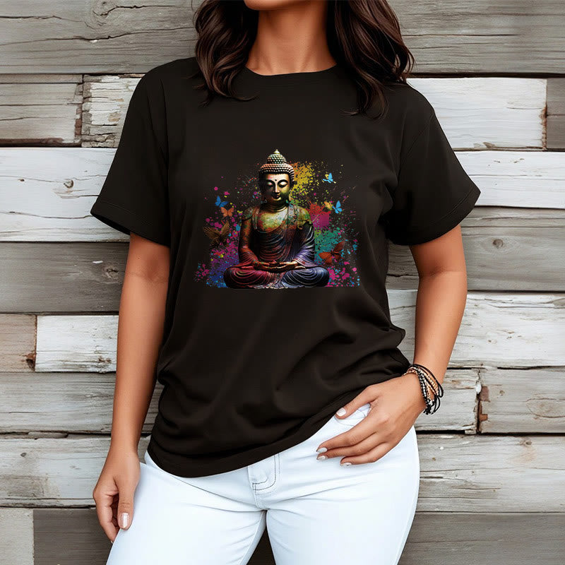 Buddha Stones Kolorowy Motyl Latający Medytacja Budda Koszulka T-shirt - image 3