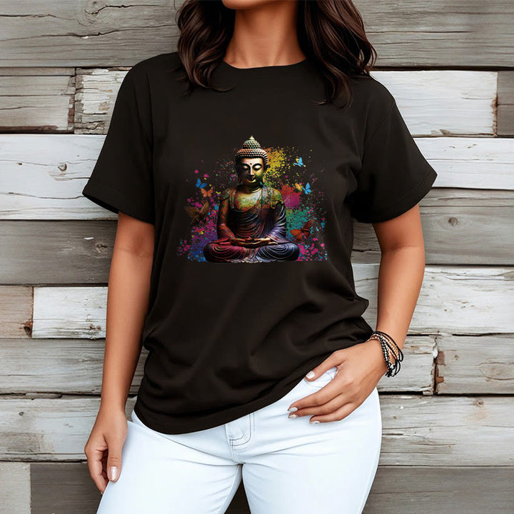 Buddha Stones Kolorowy Motyl Latający Medytacja Budda Koszulka T-shirt - image 3