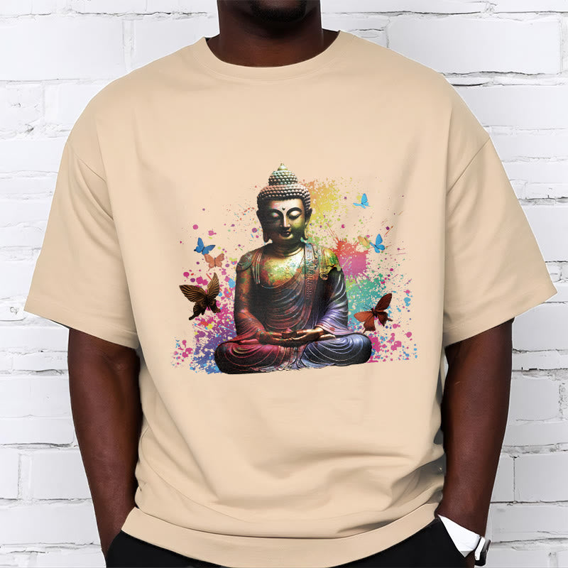 Buddha Stones Kolorowy Motyl Latający Medytacja Budda Koszulka T-shirt - image 9