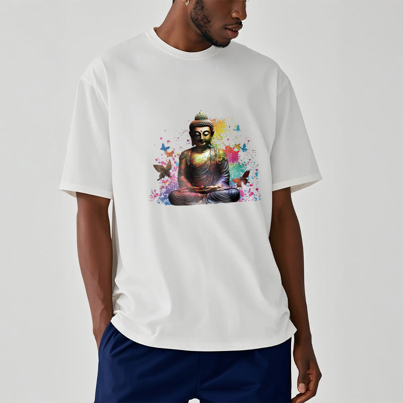 Buddha Stones Kolorowy Motyl Latający Medytacja Budda Koszulka T-shirt - image 5