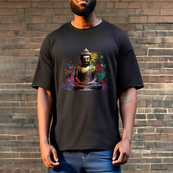 Buddha Stones Kolorowy Motyl Latający Medytacja Budda Koszulka T-shirt - image 3
