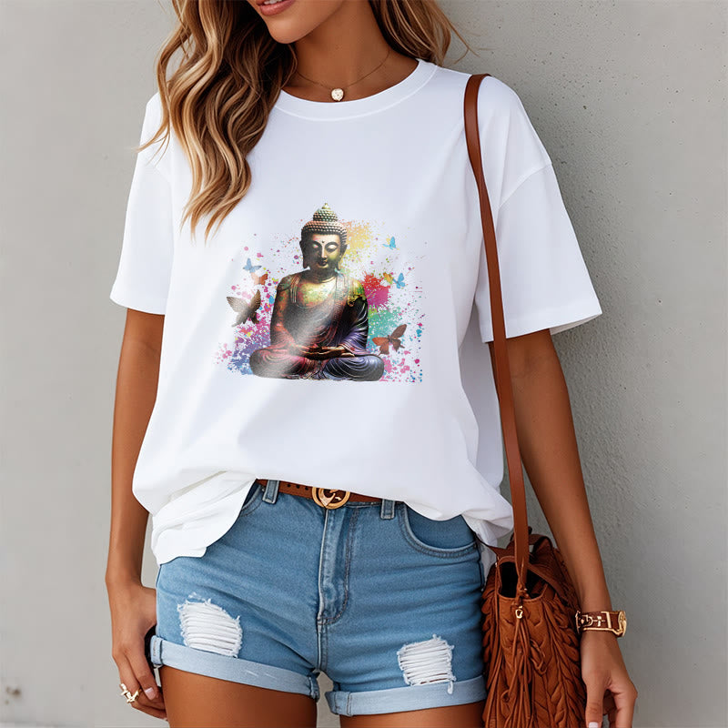 Buddha Stones Kolorowy Motyl Latający Medytacja Budda Koszulka T-shirt - image 7