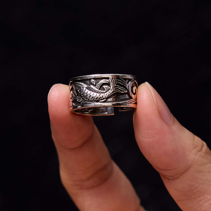 Buddha Stones Koi Ryba Serce Sutra Rzeźbiony Projekt Szczęście Bogactwo Pierścień