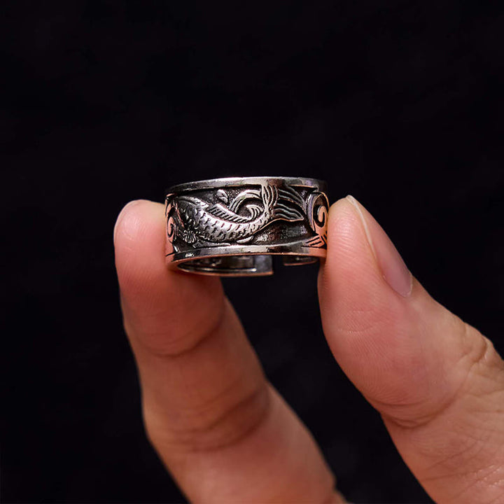 Buddha Stones Koi Ryba Serce Sutra Rzeźbiony Projekt Szczęście Bogactwo Pierścień