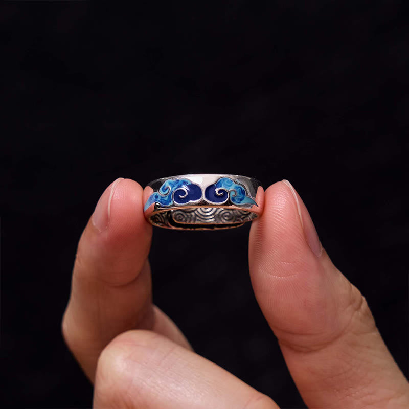 Buddha Stones Niebieskie Pomyślne Chmury Wzór Bogactwo Miedź Regulowany Pierścień