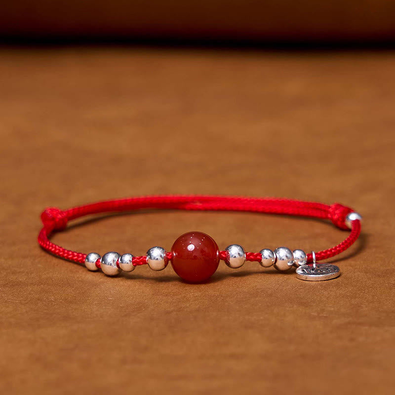 Bransoletka Buddha Stones wykonana ręcznie ze srebra próby 925 Fu Character Red Agate Fortune Braided Ultra-Thin Rope - image 1