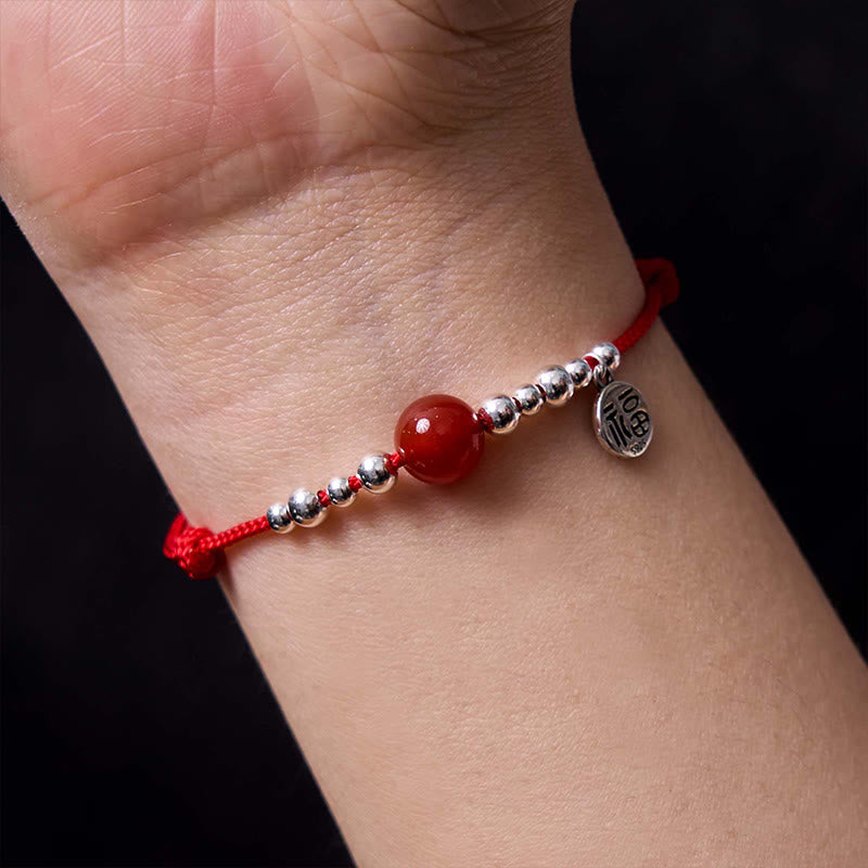 Bransoletka Buddha Stones wykonana ręcznie ze srebra próby 925 Fu Character Red Agate Fortune Braided Ultra-Thin Rope