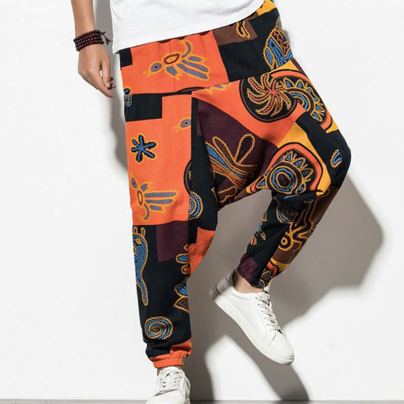 Spodnie haremowe męskie z kieszeniami, czerwono-brązowe, z nadrukiem ptaków i graffiti z motywem Buddha Stones - Ciemnopomarańczowy - US/UK/AU44，EU54 (5XL) - image 12