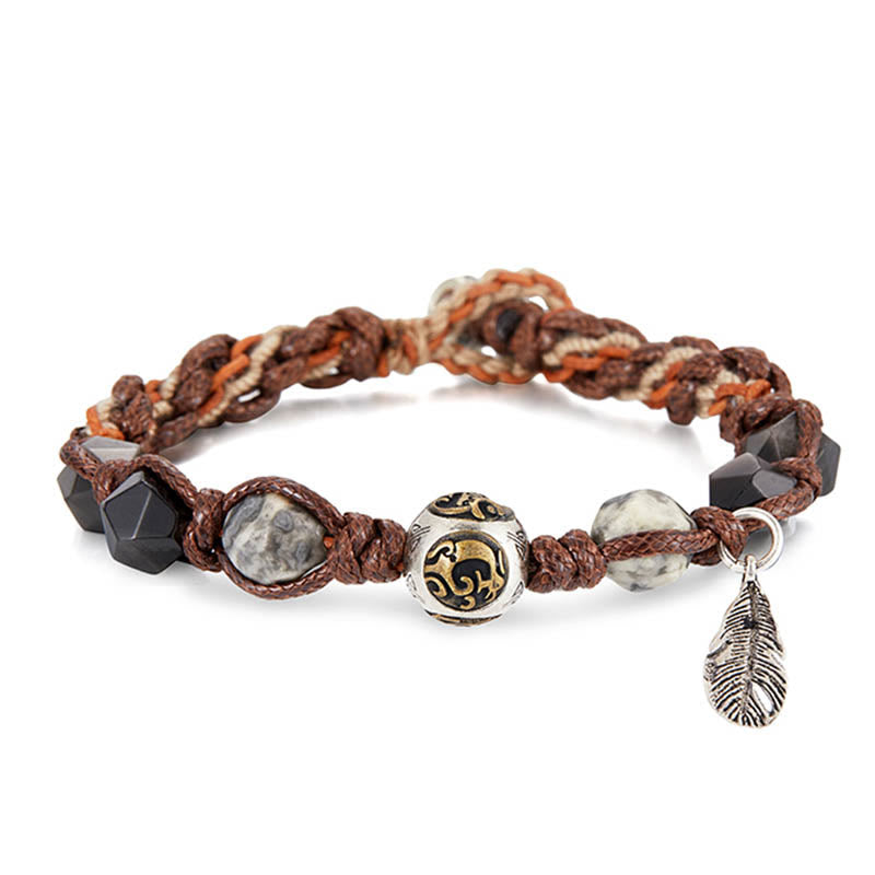 Buddha Stones Retro 925 Srebro Sterlingowe Srebrny Połysk Obsydian Transport Lina Ręcznie Pleciona Bransoletka - image 8