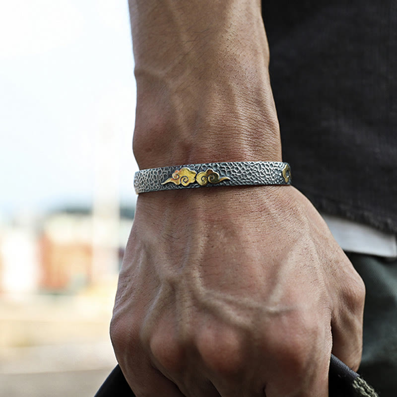 Buddha Stones Retro 999 Srebro Sterlingowe Sutra Serca Pomyślna Chmura Bogactwo Mankiet Bransoletka Bangle