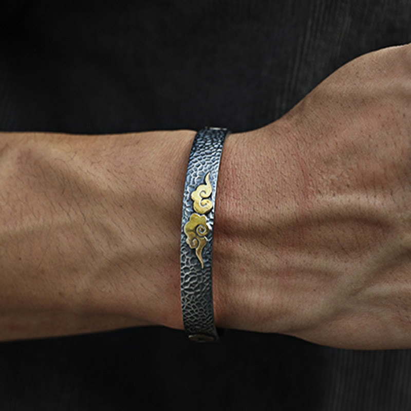 Buddha Stones Retro 999 Srebro Sterlingowe Sutra Serca Pomyślna Chmura Bogactwo Mankiet Bransoletka Bangle