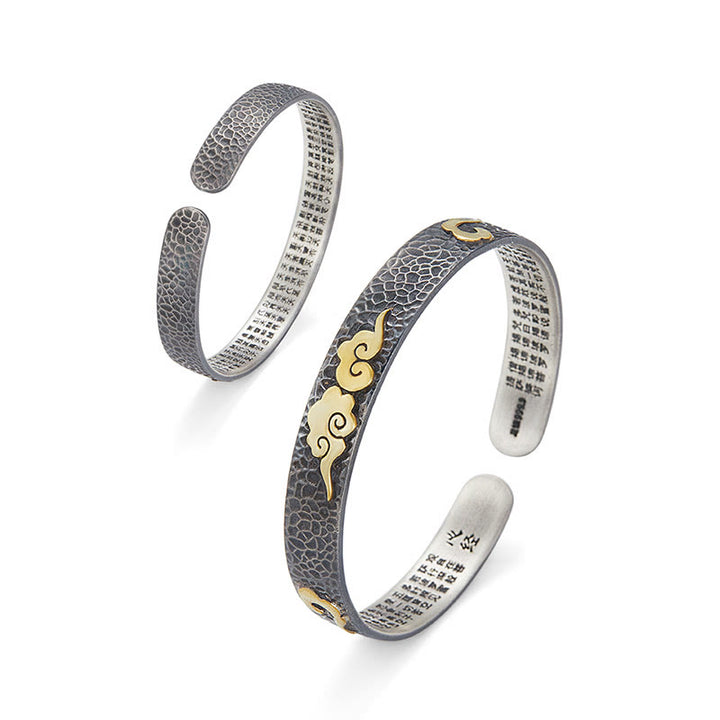 Buddha Stones Retro 999 Srebro Sterlingowe Sutra Serca Pomyślna Chmura Bogactwo Mankiet Bransoletka Bangle