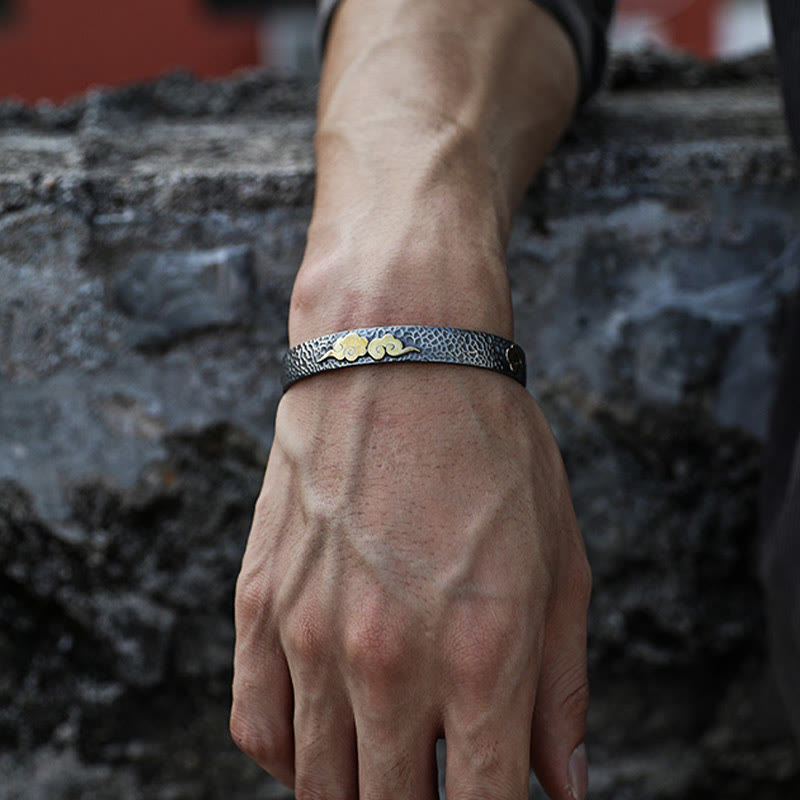 Buddha Stones Retro 999 Srebro Sterlingowe Sutra Serca Pomyślna Chmura Bogactwo Mankiet Bransoletka Bangle