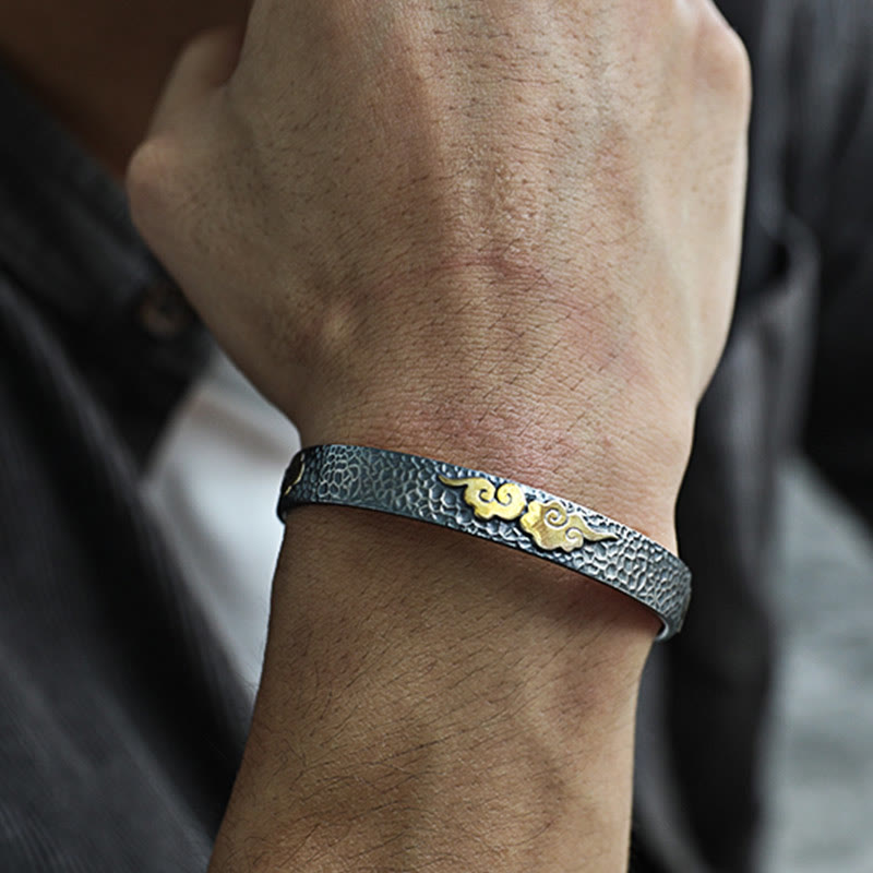 Buddha Stones Retro 999 Srebro Sterlingowe Sutra Serca Pomyślna Chmura Bogactwo Mankiet Bransoletka Bangle