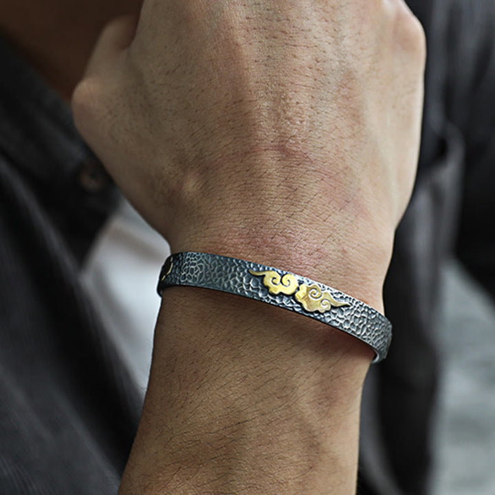 Buddha Stones Retro 999 Srebro Sterlingowe Sutra Serca Pomyślna Chmura Bogactwo Mankiet Bransoletka Bangle