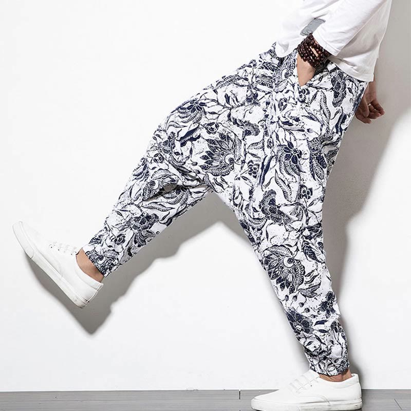 Buddha Stones Liście Winorośli Nadruk Bawełna Męskie Długie Spodnie Harem Z Kieszeniami - image 6