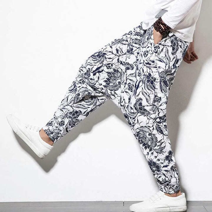 Buddha Stones Liście Winorośli Nadruk Bawełna Męskie Długie Spodnie Harem Z Kieszeniami - image 6