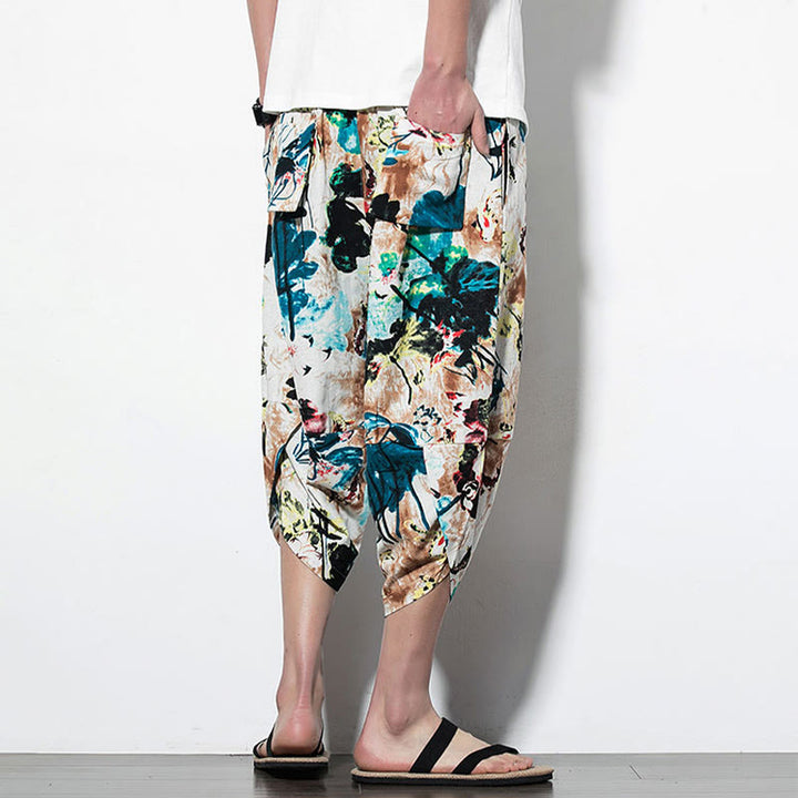 Buddha Stones Kwiaty Liście Brązowy Niebieski Malowanie Nadruk Bawełna Męskie Długie Spodnie Harem Z Kieszeniami - image 11