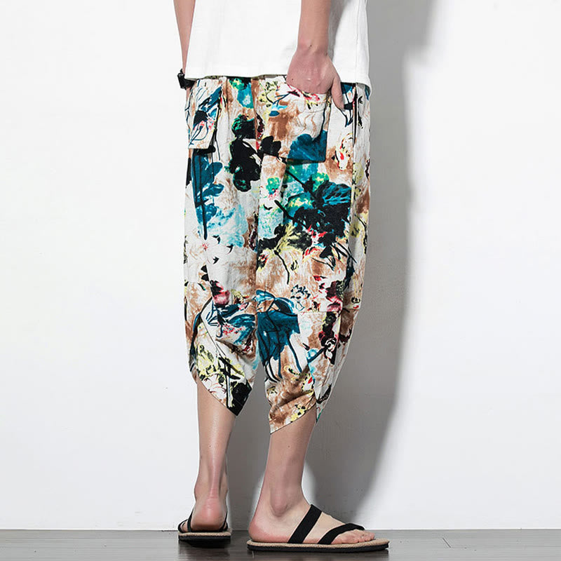 Buddha Stones Kwiaty Liście Brązowy Niebieski Malowanie Nadruk Bawełna Męskie Długie Spodnie Harem Z Kieszeniami - image 11