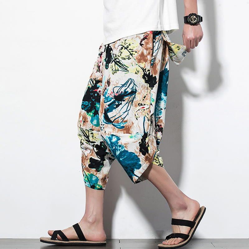 Buddha Stones Kwiaty Liście Brązowy Niebieski Malowanie Nadruk Bawełna Męskie Długie Spodnie Harem Z Kieszeniami - Przycięty styl SandyBrown Blue - US/UK/AU46， EU56 (5XL) - image 9