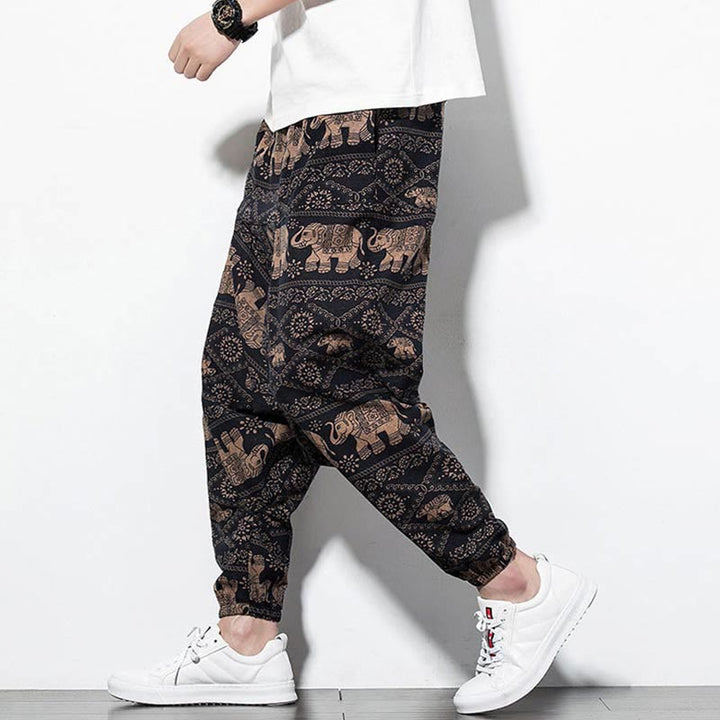 Buddha Stones Słoń Brązowy Czarny Nadruk Bawełna Męskie Długie Spodnie Harem Z Kieszeniami - image 8