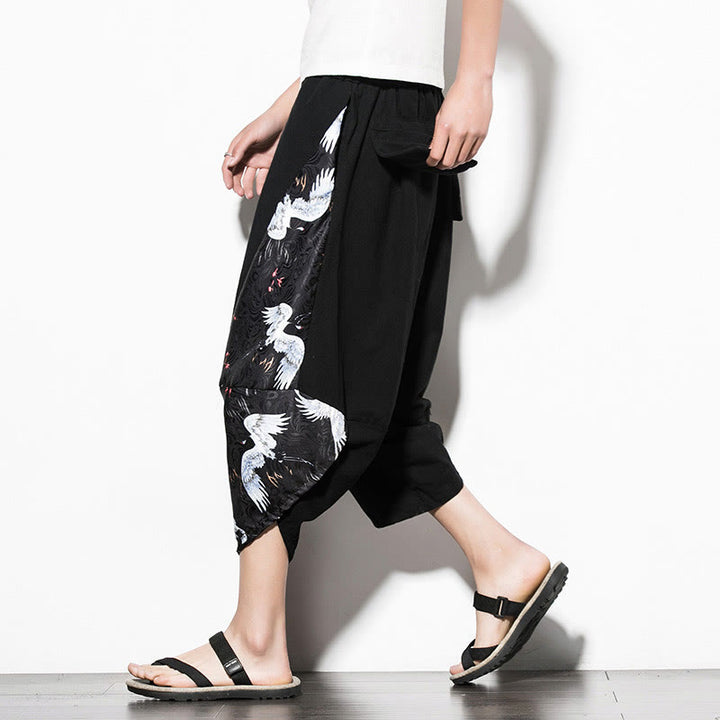 Buddha Stones Białe Żurawie Nadruk Bawełna Męskie Spodnie Harem Skrócone Z Kieszeniami - Czarny - US/UK/AU46， EU56 (5XL)  - image 0
