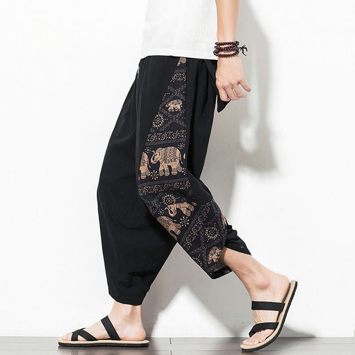 Buddha Stones Brązowy Słoń Nadruk Bawełna Męskie Spodnie Harem Skrócone Z Kieszeniami - Czarny - US/UK/AU46， EU56 (5XL) - image 0