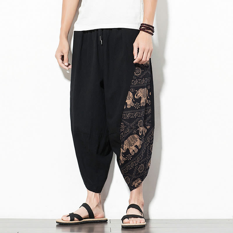 Buddha Stones Brązowy Słoń Nadruk Bawełna Męskie Spodnie Harem Skrócone Z Kieszeniami - image 3