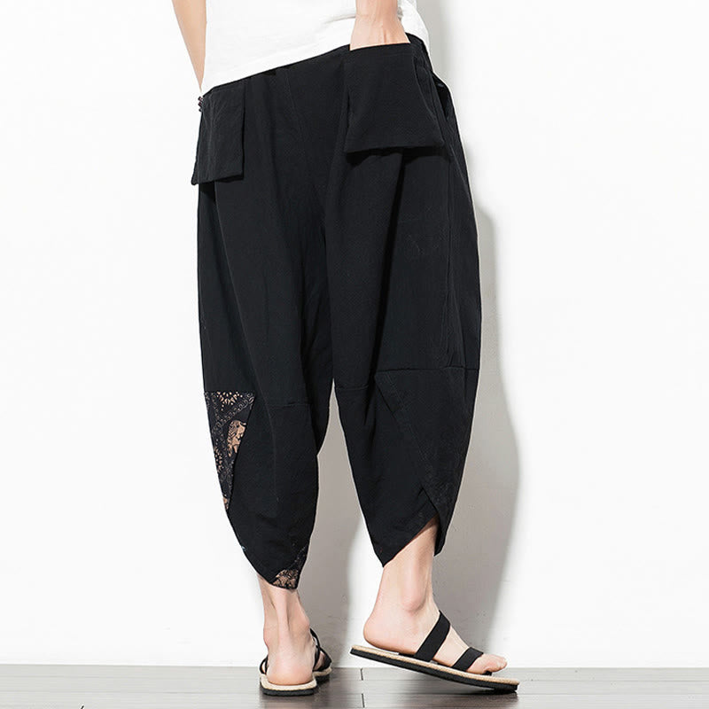 Buddha Stones Brązowy Słoń Nadruk Bawełna Męskie Spodnie Harem Skrócone Z Kieszeniami - image 2