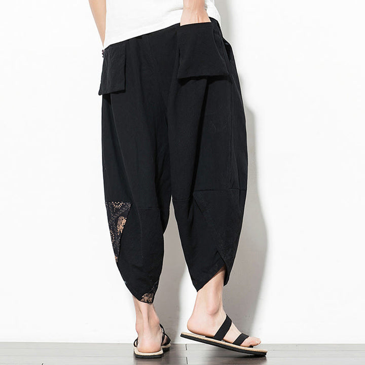 Buddha Stones Brązowy Słoń Nadruk Bawełna Męskie Spodnie Harem Skrócone Z Kieszeniami - image 2