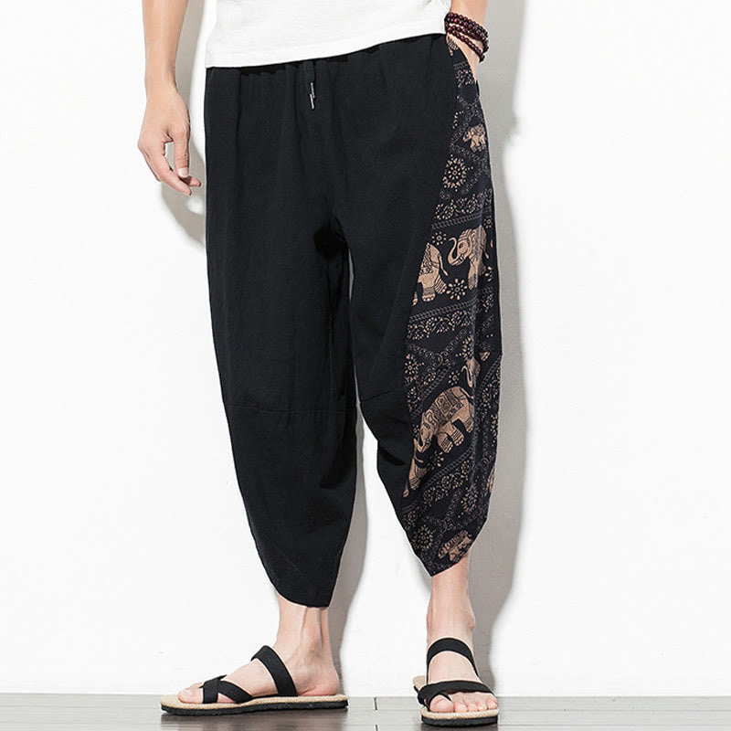 Buddha Stones Brązowy Słoń Nadruk Bawełna Męskie Spodnie Harem Skrócone Z Kieszeniami - image 1