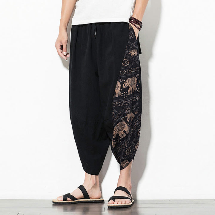 Buddha Stones Brązowy Słoń Nadruk Bawełna Męskie Spodnie Harem Skrócone Z Kieszeniami - image 6