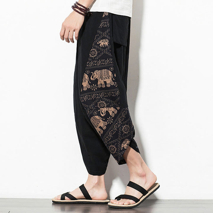 Buddha Stones Brązowy Słoń Nadruk Bawełna Męskie Spodnie Harem Skrócone Z Kieszeniami - image 4