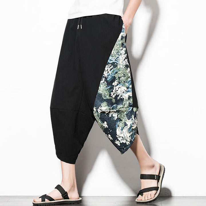 Buddha Stones Zielone Fale Drukuj Bawełna Męskie Spodnie Harem Skrócone Z Kieszeniami - image 4