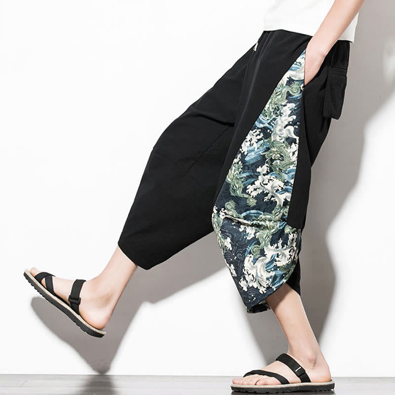 Buddha Stones Zielone Fale Drukuj Bawełna Męskie Spodnie Harem Skrócone Z Kieszeniami - image 8