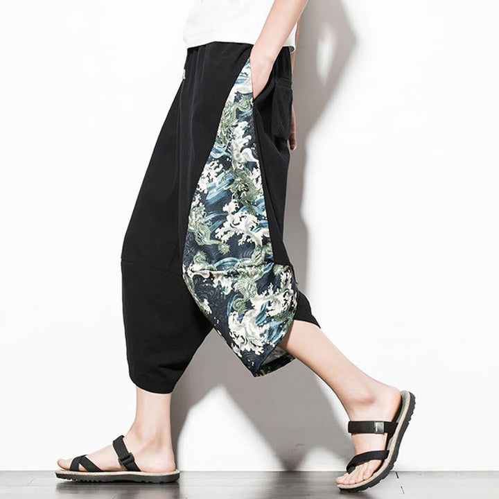 Buddha Stones Zielone Fale Drukuj Bawełna Męskie Spodnie Harem Skrócone Z Kieszeniami - image 7