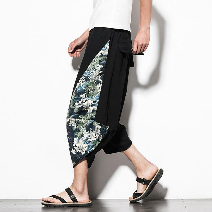 Buddha Stones Zielone Fale Drukuj Bawełna Męskie Spodnie Harem Skrócone Z Kieszeniami - Czarny - US/UK/AU46， EU56 (5XL)  - image 0