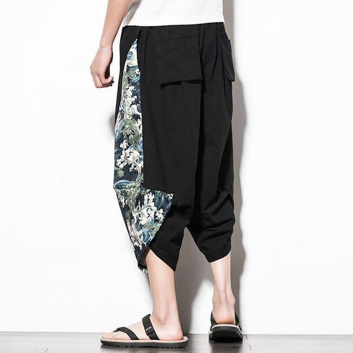 Buddha Stones Zielone Fale Drukuj Bawełna Męskie Spodnie Harem Skrócone Z Kieszeniami - image 2