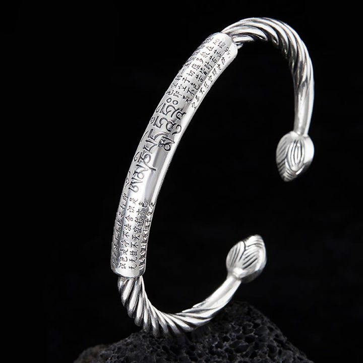 Buddha Stones 999 Srebro Sterling Sześć Prawdziwych Słów Sutra Serca Pleciony Projekt Bransoletka Ochronna Lotosu