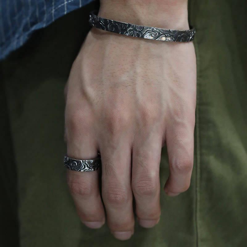 Buddha Stones 999 Srebro Sterlingowe Pomyślne Chmury Regulowany Pierścień Ochronny - image 1