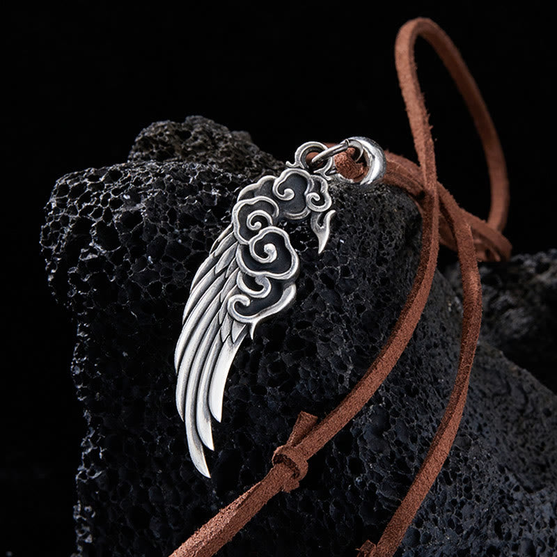 Buddha Stones 925 Srebro Sterlingowe Pomyślne Chmury Skrzydło Bawełniana Lina Naszyjnik Wisiorek Lina Z Jelenia - Lina ze skóry jelenia - image 0