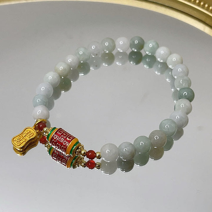 Buddha Stones Tybetański Naturalny Jadeit Fu Charakter Koło Modlitewne Bransoletka Dobrobytu Obfitości