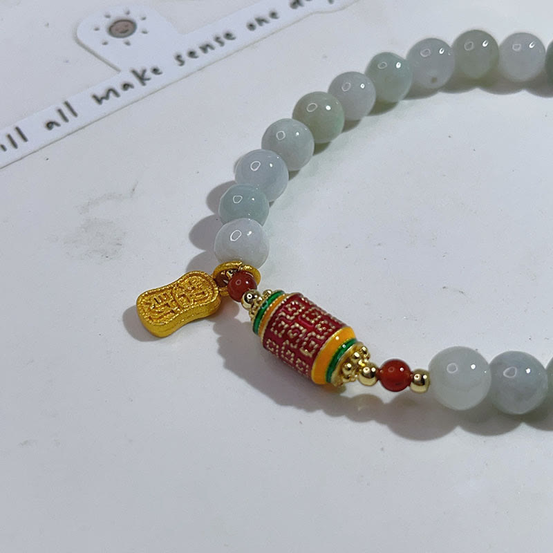 Buddha Stones Tybetański Naturalny Jadeit Fu Charakter Koło Modlitewne Bransoletka Dobrobytu Obfitości
